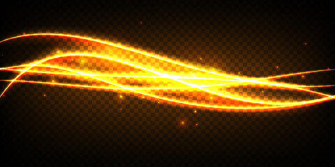 Golden glowing shiny spiral lines effect vector background. EPS10. Abstract light speed motion effect. Shiny wavy trail. Light painting. Light trail. Vector eps10.