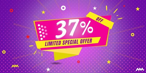 37% off limited special offer. Banner with thirty seven percent discount on a  purple background with yellow square and pink