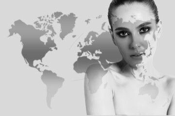 Woman with vitiligo on world map. International and World Vitiligo Day.