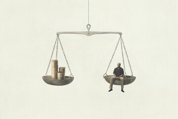 Illustration of surreal balance concept, every man has his price