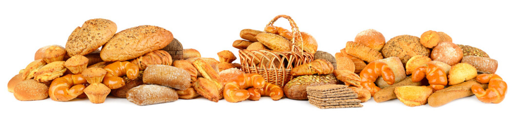 Panoramic photo fresh bread and variety buns isolated on white