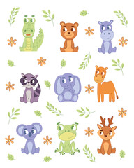 Cute wild animals set including lion, tiger, hippo, bear, fox, zebra, giraffe, and elephant.