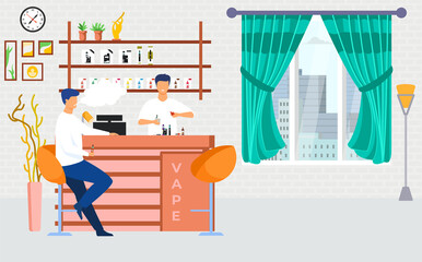 Vape shop keeper serving customers who smoking electronic vaporizer cigarettes. Vape shop vector illustration, Eps 10.