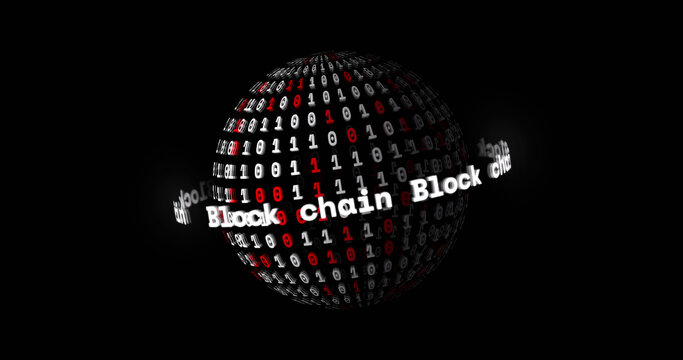 Image of globe with block chain text and binary coding spinning on black background