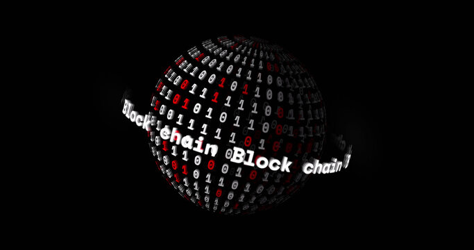Image of globe with block chain text and binary coding spinning on black background