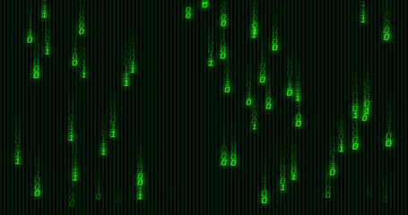 Image of green binary coding data processing over black background