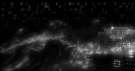 Image of binary coding data processing over waving on black background