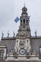Architectural fragments of City Hall of Paris (Hotel de Ville de Paris) neo-renaissance style building - seat of the Paris City Council since 1357. Paris, France.