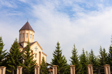 Church of St. Sarkis against sky background. Temple of the Armenian Apostolic Church in the city of Krasnoyarsk, Russia.The first temple of the Armenian Apostolic Church in Siberia