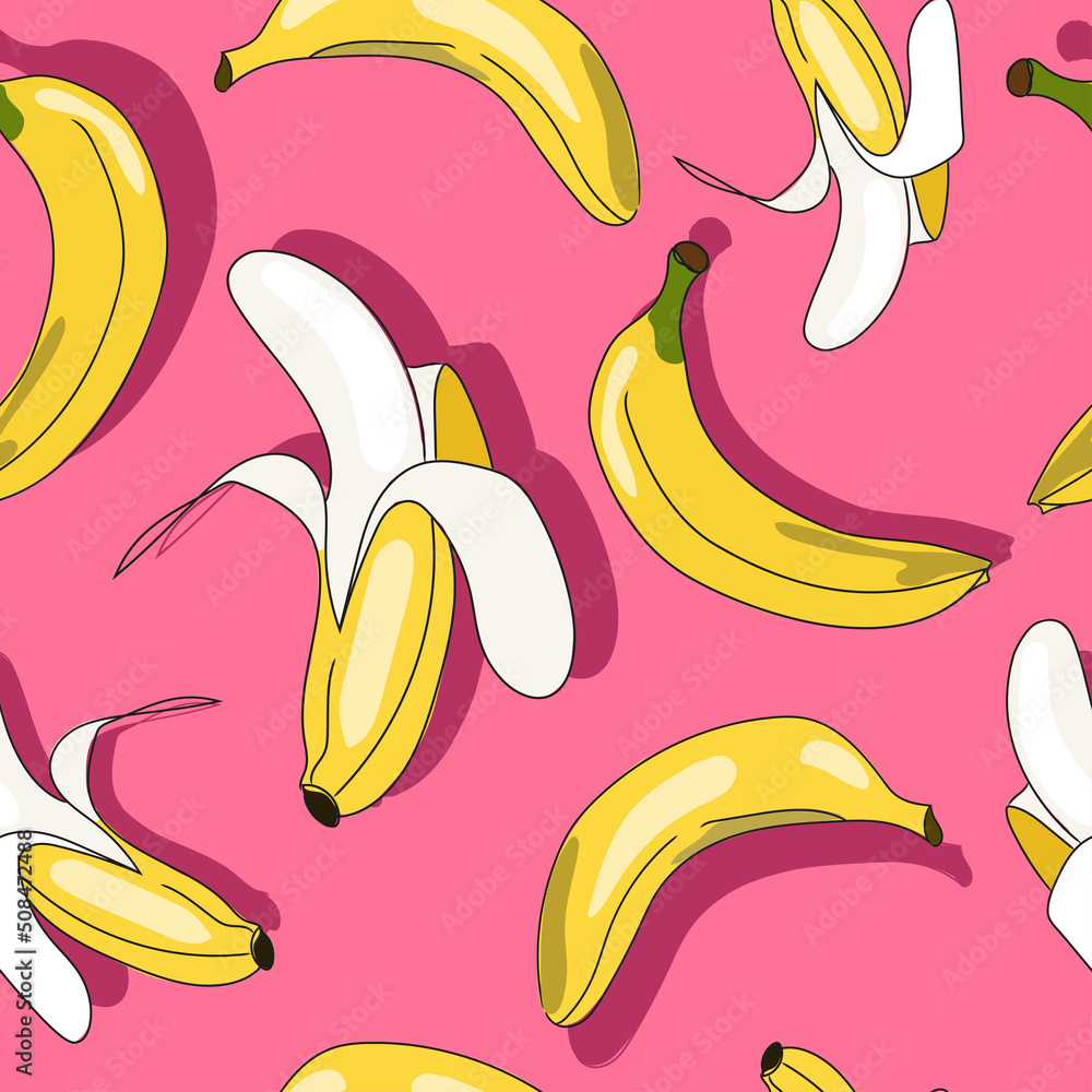 Poster bananas seamless pattern with contrast shadows in abstract cartoon style on pink background vector i