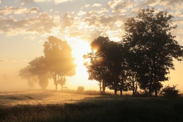 Fototapeta na wymiar Silhouette of ash trees in a grain field in foggy weather during sunrise