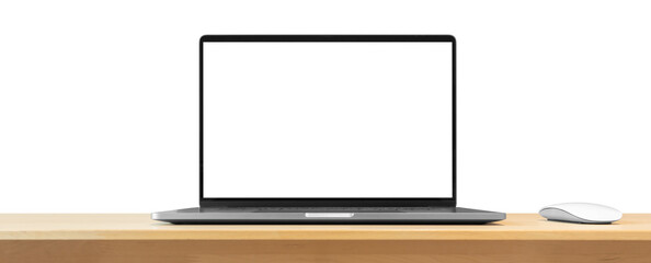 Laptop with blank screen on wood table isolated on white background