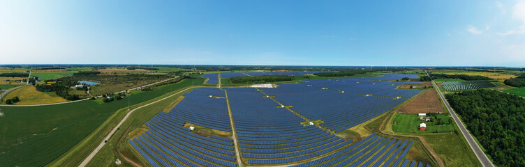 Aerial view of a large solar panel array