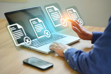 business people who use computers to manage documents online document database and digital file storage systems or software record keeping database technology file access document sharing.