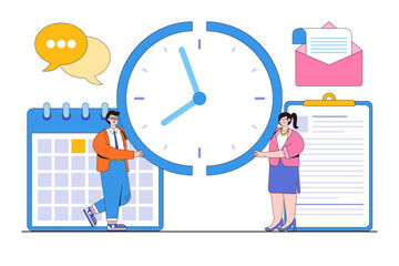 Time and project management, strategic planner to control team completion of tasks, and finish projects on time concepts. Businessmen and businesswomen work together to put the clock timer pieces
