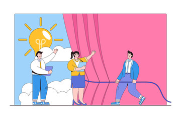 Ideation, brainstorming for new ideas, successful meeting discussion, team collaboration for solution discovery, scrum concepts. Businesspeople opening curtains trying to get some new innovations