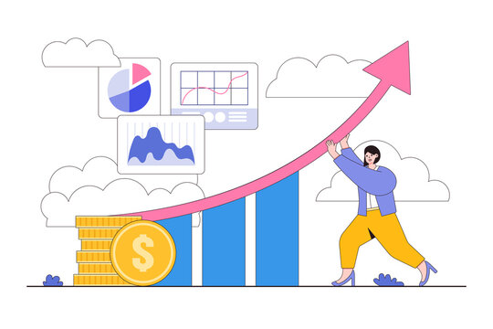 Work improvement, career growth, or performance in order to gain success, progress, or challenge concepts. Businesswoman changes direction of the arrow on performance improvement bar graph