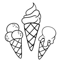 Monochrome Set of delicious fruit ice cream in cartoon style, vector illustration , coloring book