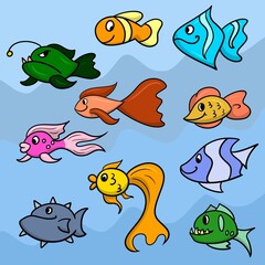 A large set of colorful cartoon happy fish from the aquarium and the ocean, exotic fish, vector illustration