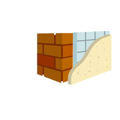 Red brick wall in isometry with layers of plaster and insulation. Material for home repair. Construction of buildings. Scheme of applying blue and yellow layer