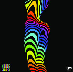 Vector abstract rainbow colored zebra stripes illustration from 3D rendering of a nude woman's sexy body back  isolated on black background. - obrazy, fototapety, plakaty