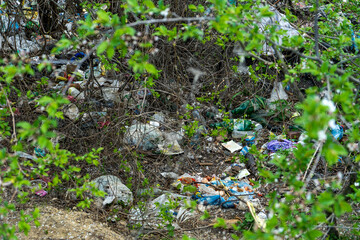 Scattered plastic trash in a green forest among the spring shrubs, environmental pollution