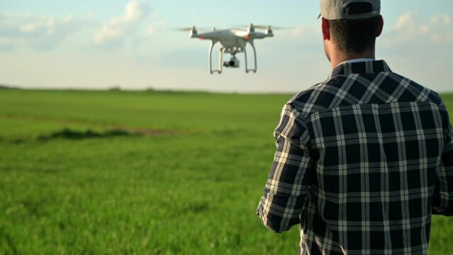 Close up of man farmer in hat standing in green wheat field and controlling a drone which flying above the field. New Technologies in farming. High quality 4k footage