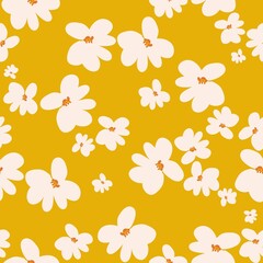 Simple vintage pattern. white flowers on a yellow background. Fashionable print for textiles and wallpaper.