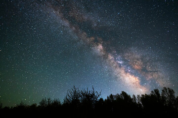 Beautiful bright milky way galaxy at the night sky and trees silhouette. Astronomical background.