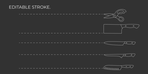 Chef knifes with cutting dotted line set. Editable stroke. Vector stock illustration isolated on black chalkboard background for design packaging. 