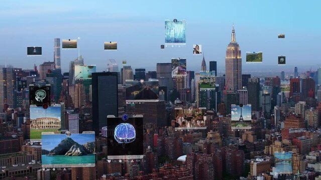 Futuristic City Connected to Social Media. High Tech Aerial Vision Of Manhattan with Holographic Interfaces. Augmented Reality. New York, United States.