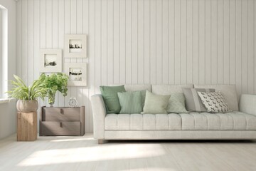 White living room with sofa. Scandinavian interior design. 3D illustration
