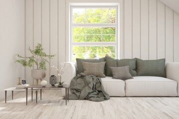 White living room with sofa and summer landscape in window. Scandinavian interior design. 3D illustration