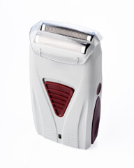 Rechargeable battery-powered foil shaver on white background