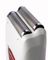 Rechargeable battery-powered foil shaver on white background