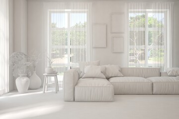 Mock up of stylish room in white color with sofa and green landscape in window. Scandinavian interior design. 3D illustration