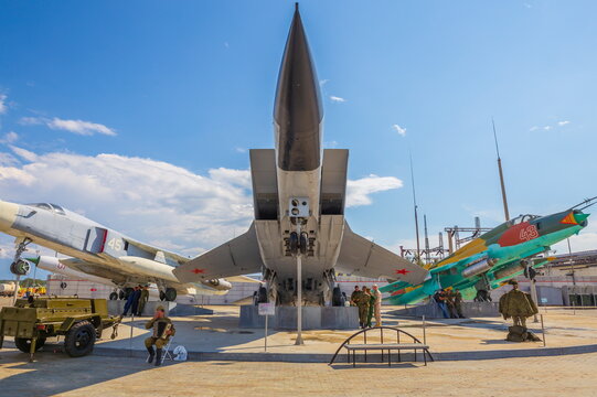 Russia, Verkhnyaya Pyshma, July 2021: MiG-31 - Soviet fighter-interceptor on the site of the military equipment museum "Combat Glory of the Urals".