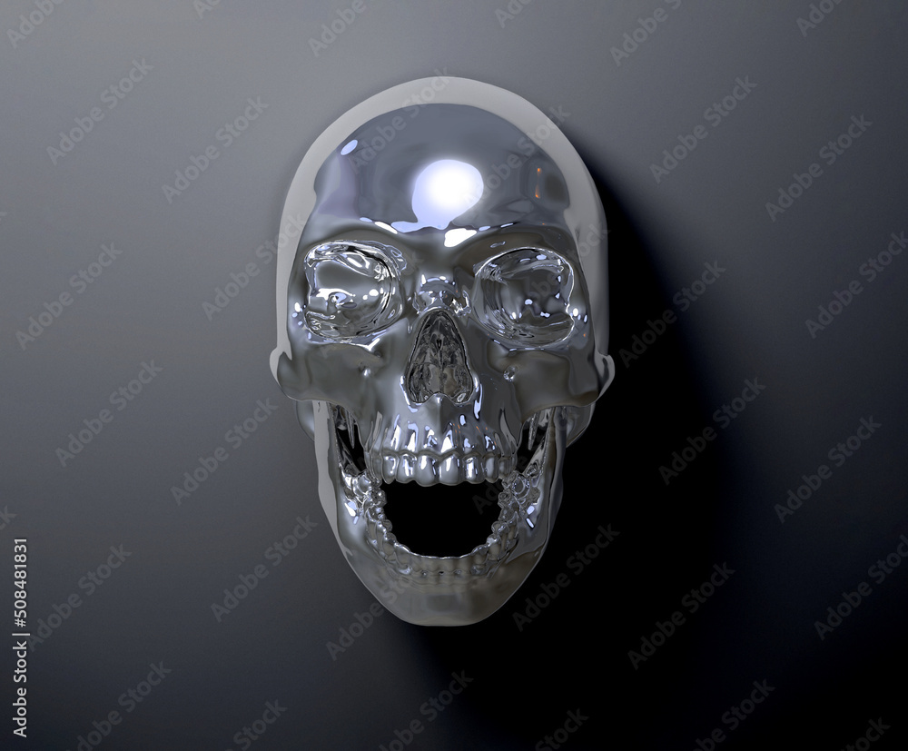 Poster abstract concept monochrome illustration from 3d rendering of front view screaming shiny mirrored sk