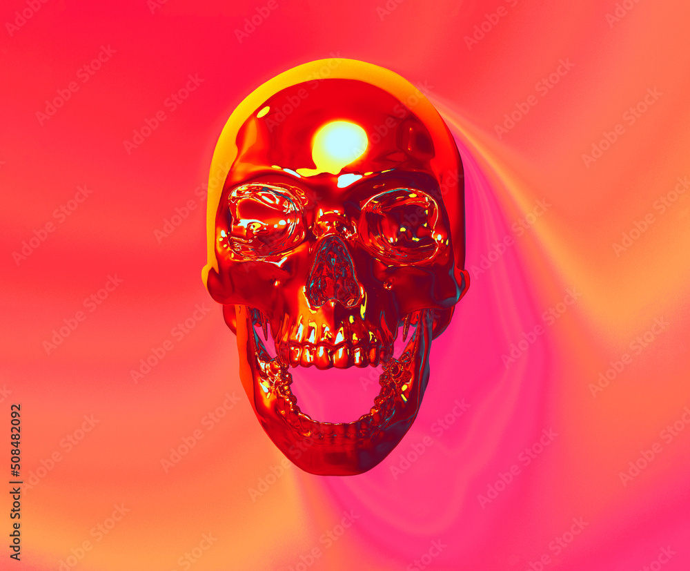 Poster digital illustration from 3d rendering of front view shiny screaming skull in synthwave vibrant colo