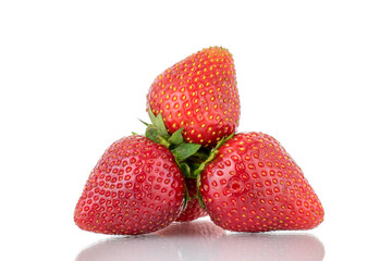 Three berries of ripe organic strawberries, close-up, isolated on a white background.