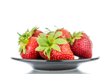 Several berries of ripe organic strawberries on a ceramic saucer, close-up, isolated on a white background.