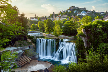 Waterfall in city of Jajce, Bosnia and Hercegovina.