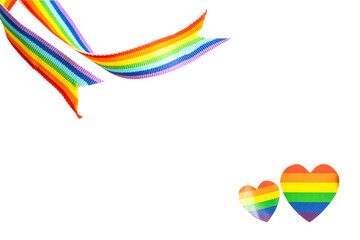 LGBT rainbow colorful flag heart and ribbon with copy space, symbol of lesbian, gay, bisexual, transgender, human rights, tolerance and peace.