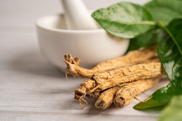Ginseng, dried vegetable herb. Healthy food famous export food in Korea country.