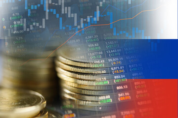 Stock market investment trading financial, coin and Russia flag or Forex for analyze profit finance business trend data background.