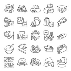Set of colorful cheese products and food icons. Made linear style. Cheese vector illustration with simple line design.