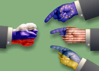 Men's hands with textures of the flag of the USA, Ukraine and the European Union points to the hand of Russia with the texture of the flag of Russia. A symbol of Russia's reaction to sanctions.