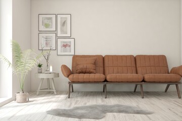 White interior with leather sofa. 3D illustration