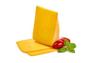 Semi-hard cheese with saffron, close-up, isolated on white background.