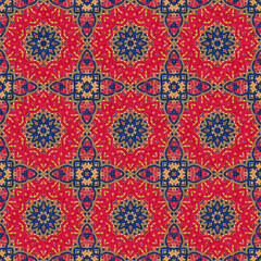 Indian boho summer bandana seamless symmetrical pattern. Versatile masculine red blue scarf print in kaleidoscopic floral ornamental style.
